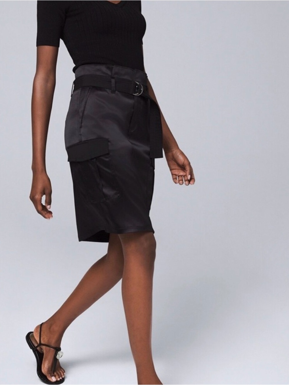 White House Black Market Black Satin Utility Mini Skirt with Belt - Size 8